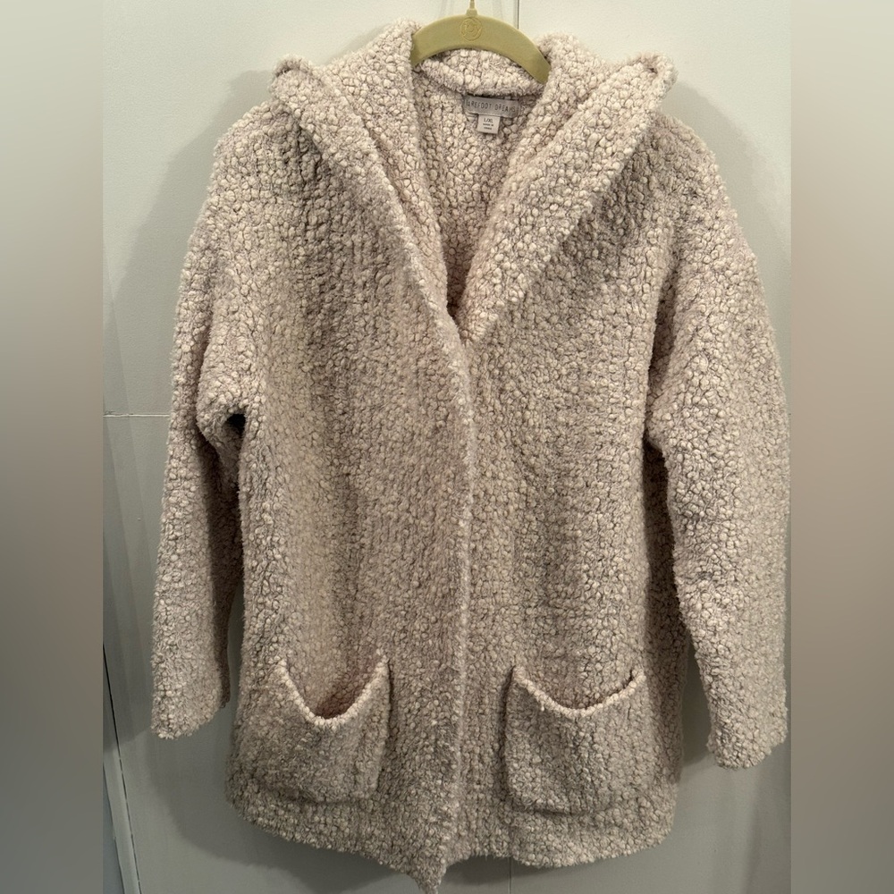 Barefoot Dreams Boucle Textured Knit Open Front Cardigan with Hood.